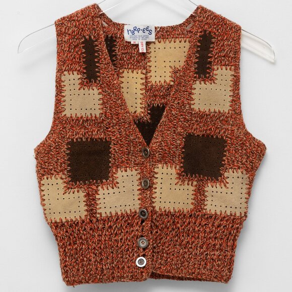 Harpees Jackets & Blazers - Harpees Vintage Vest Leather Knit 70s Patchwork Brown Tan Rust Size Medium